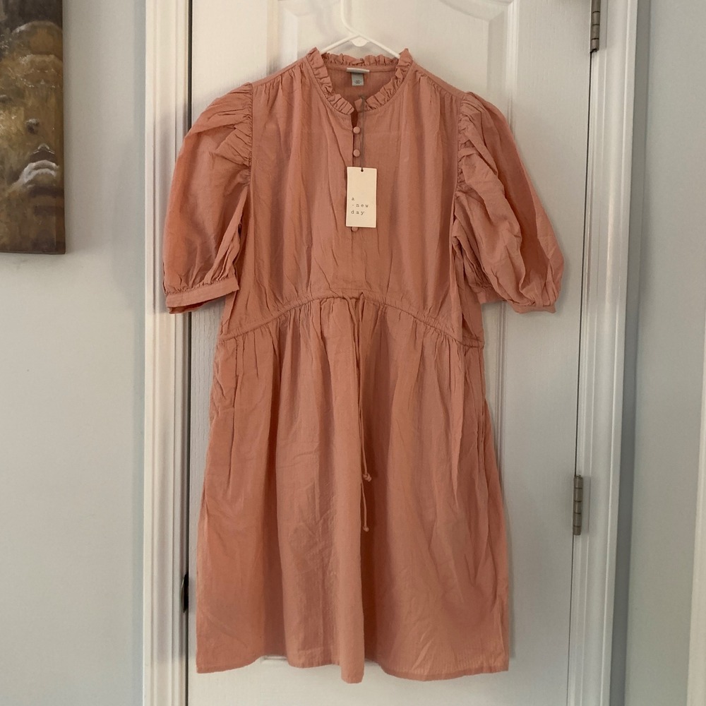 A New Day Coral Pink Puff Sleeve Ruffle Neck Babydoll Mini Dress XS NEW